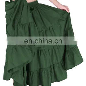 Belle Poque Women's Solid Green Color Wide Hem Cotton Maxi Skirt Long Skirt BP000207-3 thumbnail-3
