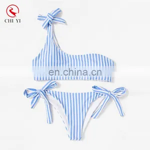 Tie Side One Shoulder Striped Bikini Set thumbnail-1