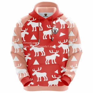 Red Custom Sublimation Hoodie of White Deer Pattern thumbnail-2