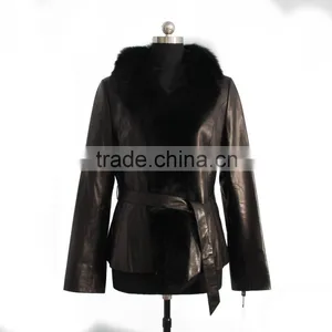 2015 New Fashion Women Leather Coat With Fox Fur Trim Hot Sale thumbnail-1