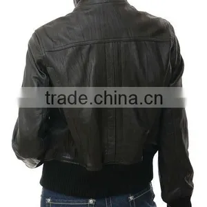 Rib Style Bomber Fashion Leather Jacket thumbnail-2