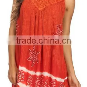 Sequin Embroidered Batik Relaxed Fit Sleeveless V-Neck Top - Burnt Orange - OS thumbnail-1