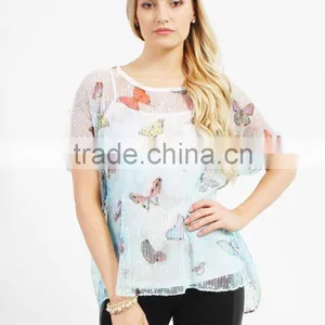 Bule Butterfly Print Woman Top,2016 New Design Top,lady Blouse thumbnail-2