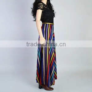 Fashion Summer High Waist Rainbow Color Viscose Chevron Stripe Maxi Skirt thumbnail-3