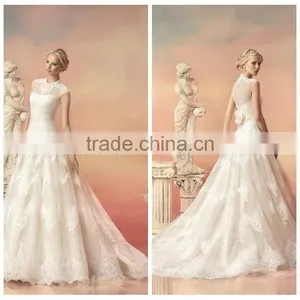 New Real Lace Cap Sleeve Ball Gown High Collar Wedding Dress thumbnail-1