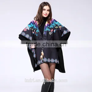 Brand Fashion Womens Autumn Winter Warm Flower Pattern Slit Wool Blend Plaid Blanket Cloak Poncho Cape Coat thumbnail-5