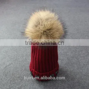 Womens Winter Cap Real Raccoon Fur Poms Hat With Plush Thicken Knit Cap Embroideried thumbnail-5