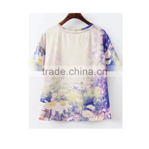 Fashion Flower Print T-shirt Short Sleeve Round Neck T-shirt for Ladies thumbnail-2