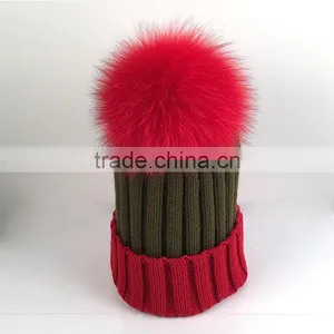 Myfur Adult Woolen Hat Bi-color Fox Body Fur Pom Poms Knitting Beanie Hat thumbnail-1