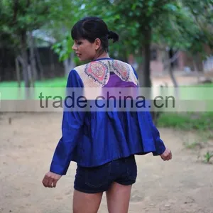 Denim Jacket in Kediyu Style With Vintage Kantha Fabric ~ Medium thumbnail-2