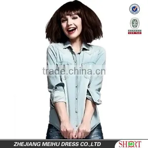 Popular 100% Cotton Washed Denim Cowboy Long Sleeve Shirt for Women thumbnail-1