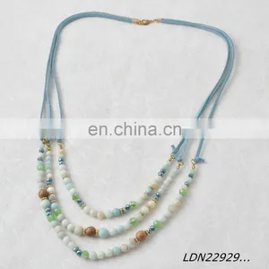 Bohemian Fashion Layered Light Blue Suede Necklace Amazonitel Stone Beaded Necklace thumbnail-3