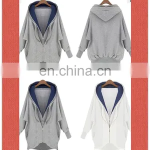 Factory OEM Apparel Women Sweatshirts Wholesale Organic Cotton Hoodie Bat Wing Sleeve 2-Layer Collar Zipper Sweatshirt thumbnail-1