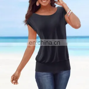 China Supplier Womens Short Sleeve T-Shirt Ladies Casual Loose Plain Tops Blouse thumbnail-3