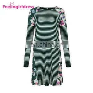 Autumn Latest Design Printing Floral Green Long Sleeve Casual Loose T-Shirt Dress thumbnail-4