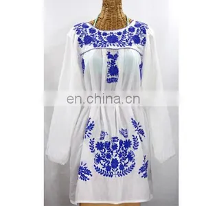 MEXICAN DENIM COLORED FABRICS BLOUSES & DRESS & TUNICS & TOPS EMBROIDERY DESIGNER LONG SLEEVES TUNIC DRESS thumbnail-1
