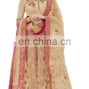 Engagement Wear Stylish Peach Color Lehenga Choli + Bottom Pant Style Anarkali Suits Dress Material 2017 thumbnail-2