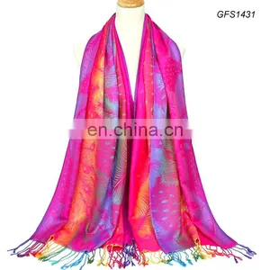 Women Shawl Style Polyester and Cotton Blend Colorful Feather Scarf thumbnail-1