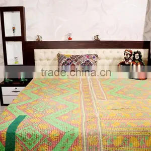 Ethnic Reversible Bedspread Indian Vintage Quilt Old Silk Sari Kantha Quilted Throws,Ralli,Gudari Handmade Tapestery thumbnail-1