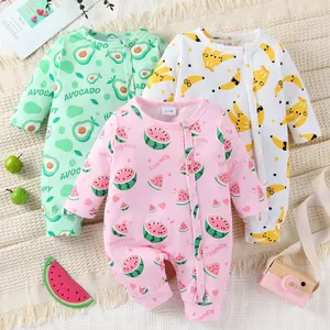 3pcs Newborn Baby's Cartoon Fruit Pattern Onesie, Comfy Casual Long Sleeve Romper, Toddler & Infant Girl's Bodysuit thumbnail-1