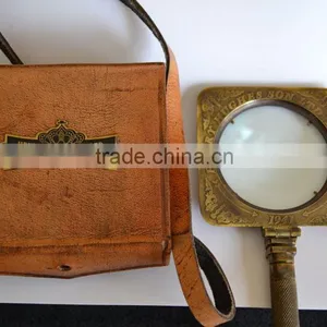 NAUTICAL BRASS FOLDING SQUARE ANTIQUE BRASS MAGNIFYING GLASS WITH LEATHER CASE NMG002 thumbnail-1