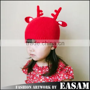 Top Quality Children Antler Fabric Knitting Cony Rabbit Hair Christmas Hat for Baby thumbnail-2