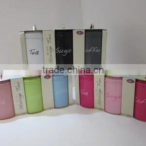 Powder-Coated Retro Metal Tea Coffee Sugar Can Candy Bean Nuts Set of 3 Storage Canister thumbnail-6