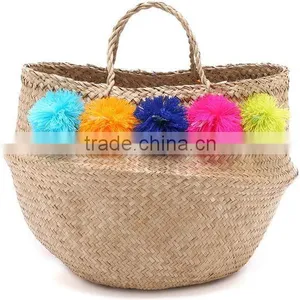 Colorful Pompom Seagrass Beach Bag With Handle thumbnail-2