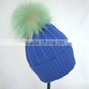 Myfur Wholesale Adults Size Wool Cable Knitting Beanie Hat With Colorful Raccoon Fur Pom Pom thumbnail-4
