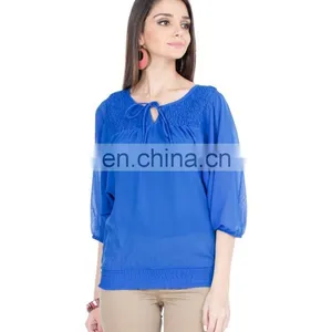 2015 Blue Top With Smocking And Tie-up Women Blue Floral Print Tie-up Top thumbnail-3