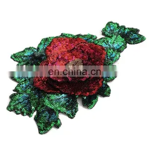 Fashion Red Rose Green Flower Sequined Patch Sew on Clothes thumbnail-1