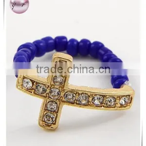 Gold Tone Royal Blue Seed Beads Cross Stretch Ring thumbnail-1
