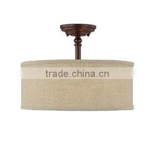 Burnished Bronze Loft 3 Light Semi-Flush Ceiling Fixture With Cream Fabric Round Shade thumbnail-1