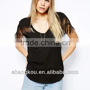 100% Pure Cotton Cut Out and Fringed Designer t Shirt Woman 2016 thumbnail-1