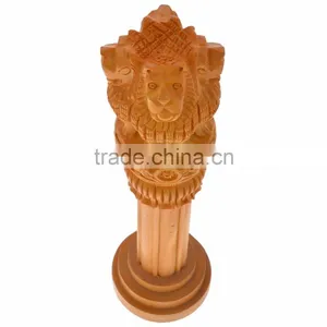 Handicrafts Wooden Ashok Ashoka Stambh Stoop Pillar National Emblem India Wood Carving Statue thumbnail-4