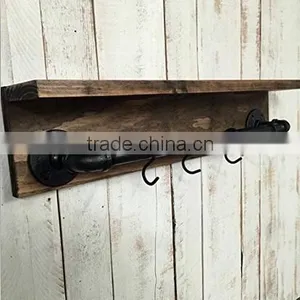 Industrial Water Pipe Wood Bathroom Wall Shelf With Hooks thumbnail-1