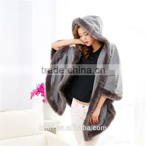 New Winter Warm Elegant Faux Mink Collar Fur Hooded Cape Plaid Sleeveless Women Coat thumbnail-1
