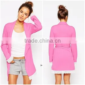New Arrival Jersey Fabric Comfortable Fit Simple Robe Lace Trim Robe for Lady thumbnail-1