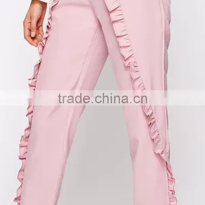 Frilled Women's Tailored Fitted Pants High Waist Pink Cropped Trousers thumbnail-6