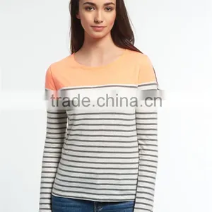 2016 Guangzhou Shandao High Fashion Design Autumn Long Sleeve Round Neck Striped Printed Cotton Ladies Elastic Hem Tops thumbnail-4