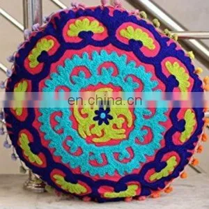 Embroidered 16x16 Suzani Round Cushion Cover Home Decorative Multi Pom Pom Pillowcase thumbnail-2