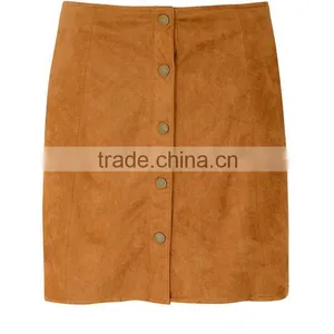 New Women Tan Suedette Button High Waist Skirt thumbnail-1