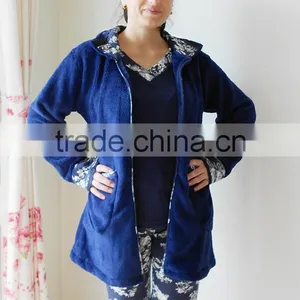 Kevince Flannel & Interlock Pyjamas 3pcs Set Knitting Womens Pajama Navy Flower 1000pcs up OEM Factory Directly thumbnail-1