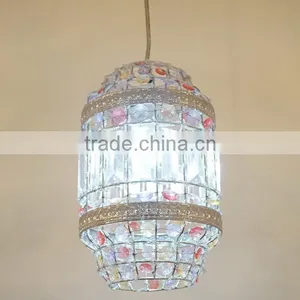 Red & Clear Crystal Beads Pendant Lamp Vintage Bronze Metal Hanging Lights thumbnail-1