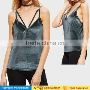 2017 Latest Sexy Sleeveless V Neck Spaghetti Strap Summer Wear Design Velvet Camisole Tops Blouse for Women thumbnail-3