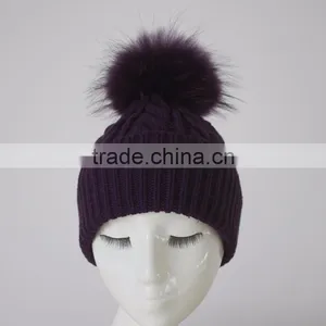 Myfur Raccoon Fur Pom Pom Knit Hat Winter Knit Hat With Top Ball thumbnail-2