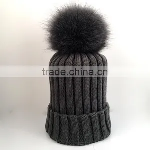 Myfur Dark Grey Knitting Hat for Adults With Real Fox Fur Pompom thumbnail-1