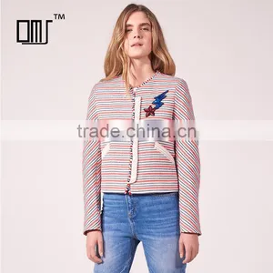 Ladies Cotton Leisure Style Striped Collarless Sequinned Patches Spring Jackets thumbnail-1