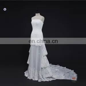 HMY-E0352 High Quality Franch Lace Fabric Bodice Sheer Skirt Lace Hem Latest Sample Wedding Dress 2016 Detachable Long Train thumbnail-2