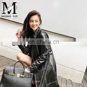 Women Fashion Long Black Rivet Real Leather Coat Leather Trench Coat thumbnail-2